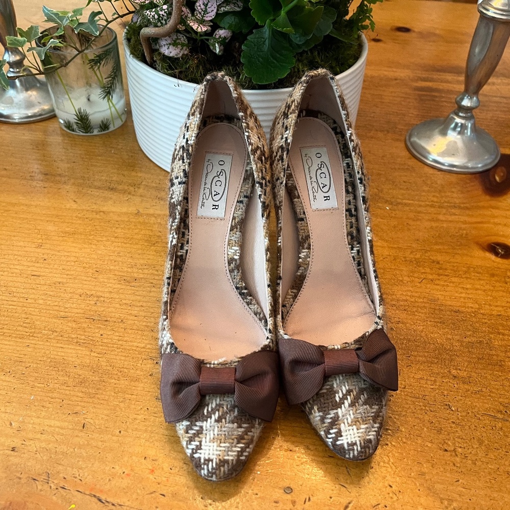 Oscar de la Renta Wool Plaid Heels – Brown & Cream, Bow Detail (Size 7.5)